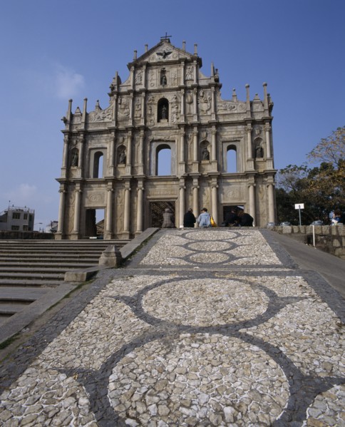 MACAU,  Sao Paulo , Church remains with statues in recessed arches and mosaic path