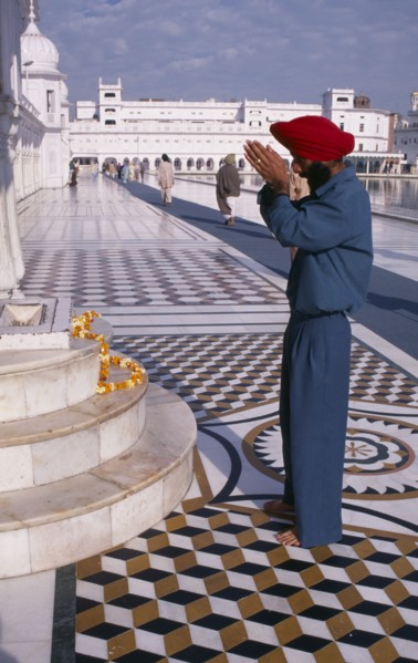 INDIA, Punjab, Amritsar, Golden Temple.  Barefooted Sikh man praying in front of shrine with