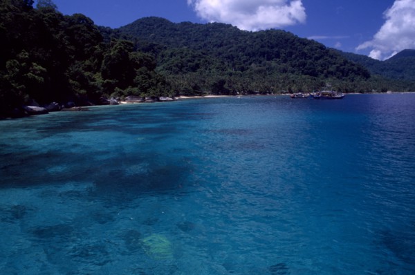 MALAYSIA, East Coast, Pulau Tioman, View from the sea toward the west coast of the island with