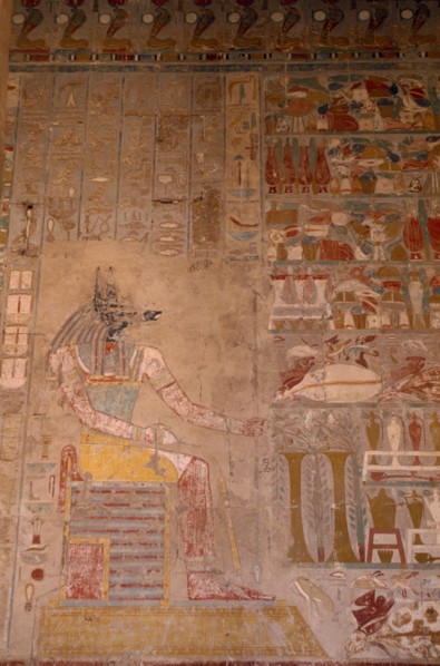 EGYPT, Nile Valley, Luxor, Hatshepsut Temple. Anubis relief painting on the tomb wall