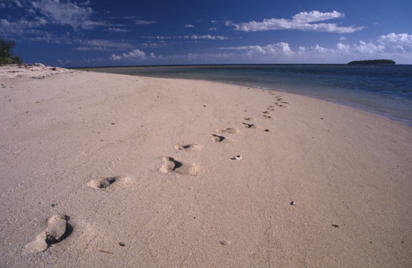 PACIFIC ISLANDS, Fiji, Caqelai Island, Footprints in the sand leading out in to the distance on a