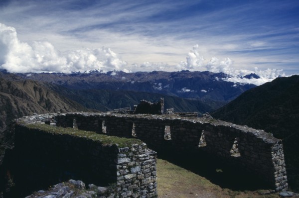 PERU, Cusco , Sayajmarca , Inca ruins on the Inca trail to Machu Picchu with views of the