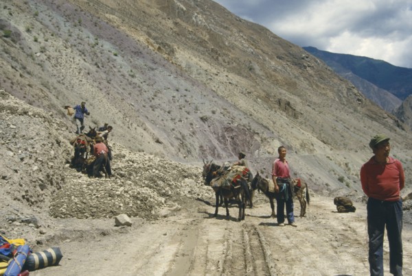 CHINA,  Mekong Valley, Men with donkeys at landslide