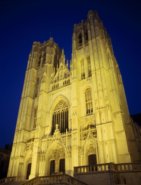 BELGIUM, Brabant, Brussels, "The Saint Michael, Saints Michel, and Gudule Cathedral illuminated at