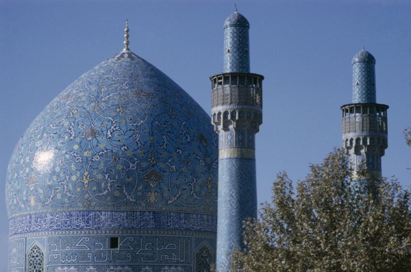 IRAN, Esfahan, Detail of Mosque dome and towers Esfahan  Isfahan