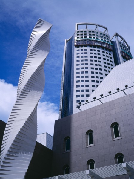 SINGAPORE, Architecture, Millenia Walk & Centennial Tower with modern sculpture in front