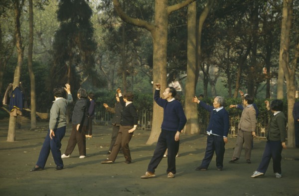 CHINA, Sichuan Province, Chengdu, Group exercise in park at dawn.