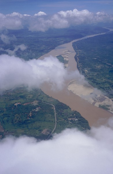 LAOS, Vientiane, Aerial view of the Mekong River through clouds