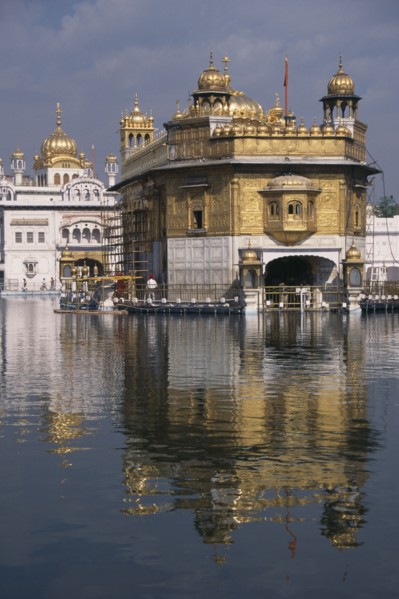 INDIA, Punjab, Amritsar, Golden Temple reflected in surrounding pool.