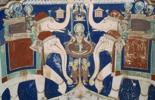 INDIA, Rajasthan , Shekawati Region, Fatehpur. Close up detail of colourful old mural depicting