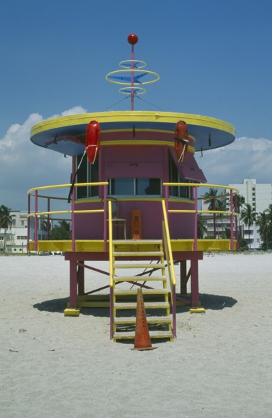 USA, Florida, Miami Beach, Circular lifeguard tower on beach.
