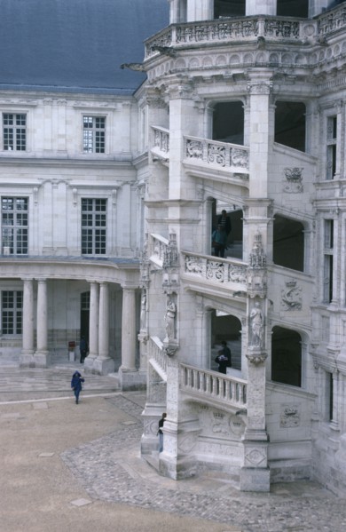 FRANCE, Loire Valley, Blois, Exterior view of ornate spiral staircase and courtyard of the Chateau.