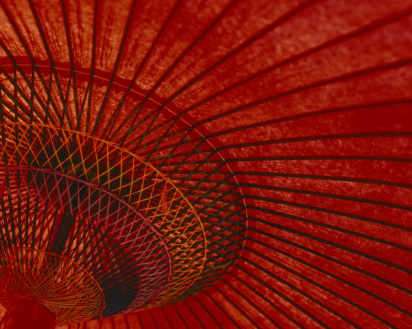 JAPAN, Craft, Traditional red bamboo umbrella detail