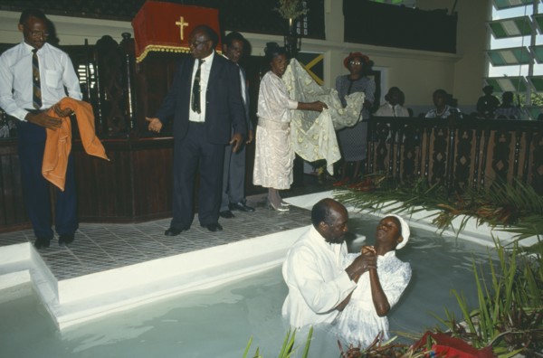 WEST INDIES, Jamaica, Montego Bay, Total immersion baptism in Baptist church