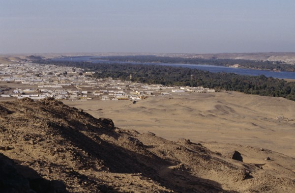 EGYPT, Nile Valley, Near Aswan , View form hillside over Nubian village on the bank of the Nile