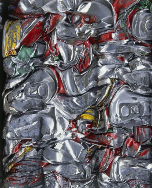 ENVIRONMENT, Recycling, Aluminium, Cans crushed into a bundle and ready for recycling