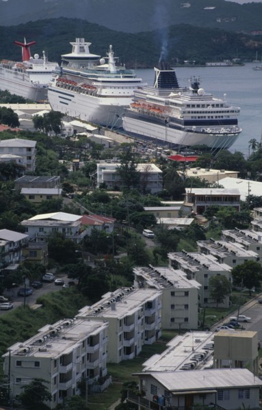 WEST INDIES, US Virgin Islands, St Thomas, View over the harbour with moored cruise liner.