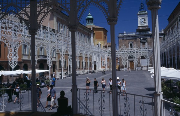 ITALY, Emilia Romagna, Ravenna, "Central square or piazza, surrounded by ornate metal work, view