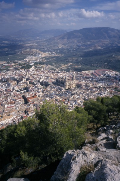 SPAIN, Andalucia, Jaén Province, "View from rocky hillside over Jaen with the cathedral in the