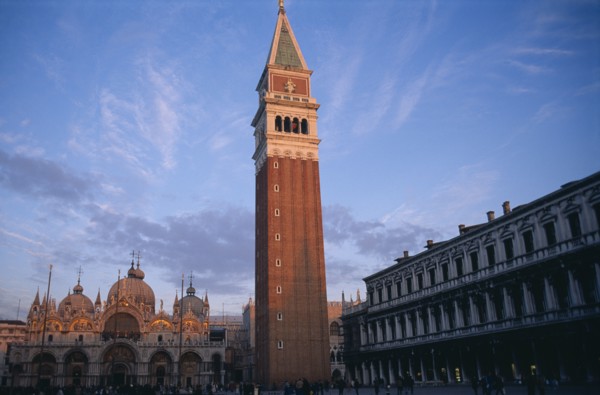 ITALY, Veneto, Venice, The Piazza San Marco with the Campanile bell tower in the foreground and the