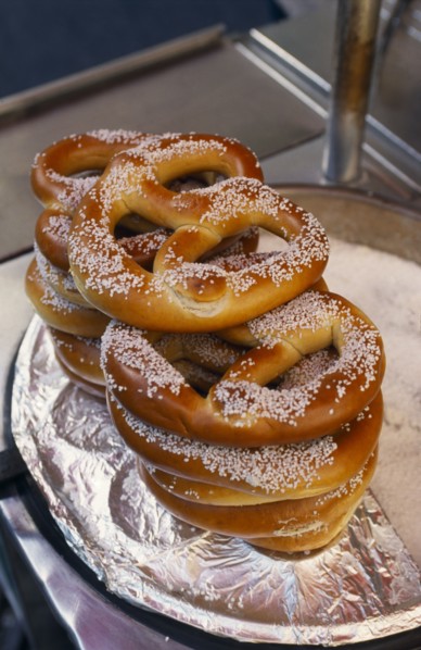 USA, New York State, New York, A stack of pretzels.