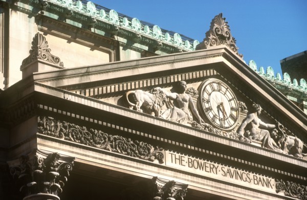 USA, New York , Manhattan, The Bowery Savings Bank Building.  Detail of ornate masonry on roof with