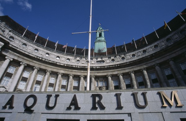 ENGLAND, London, Looking up at curved Aquarium exterior and name sign on the County Hall building