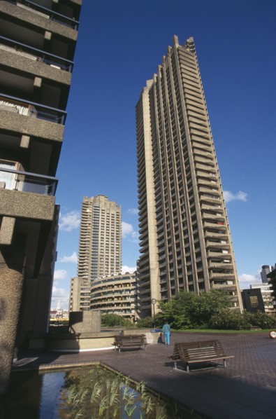 ENGLAND, London, "Barbican Housing Complex, high rise residential buildings, built in the 1960s."