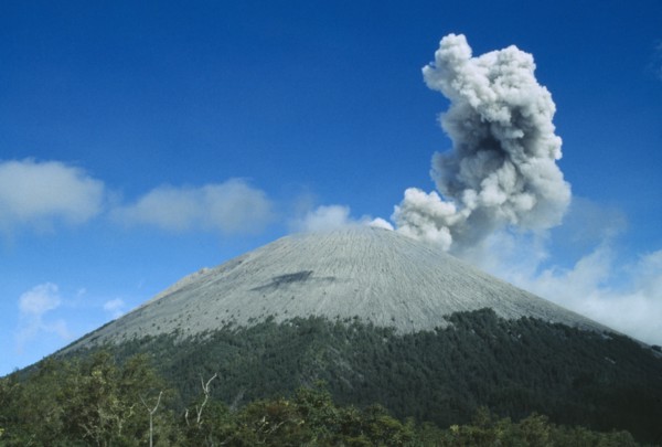 INDONESIA, Java, Mount Semeru, Smoke rising from the volcano as it erupts above the tree lined base