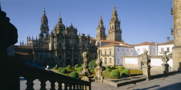 SPAIN, Castilla Y Leon, Leon, "Cathedral, gothic exterior and spires partly seen above roof tops,