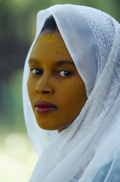 ETHIOPIA, Harerge Province, General, Portrait of young woman in white head covering with face