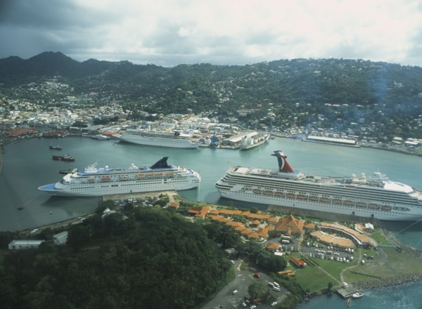 WEST INDIES, St Lucia, Castries, View over town and Port Castries with cruise ships from above.