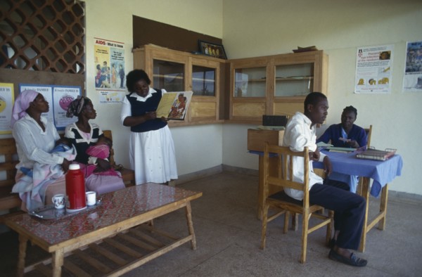 KENYA, Kisii, "Family planning clinic, interior with visitors and staff."