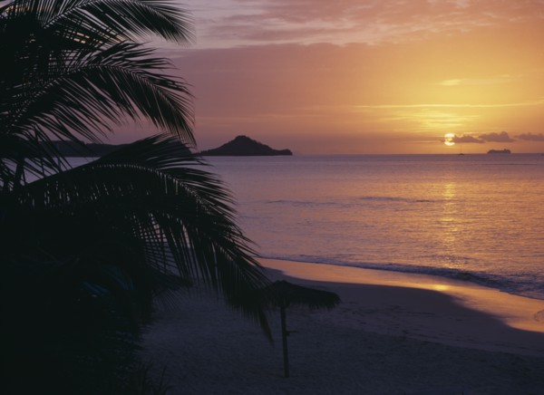 WEST INDIES, Antigua, Runaway Bay, View towards bay over empty sandy beach with thatched umbrellas