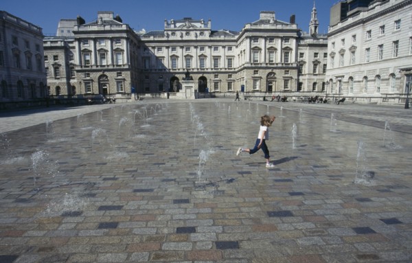 ENGLAND, London, Somerset House and courtyard with rows of small fountains spouting from the ground