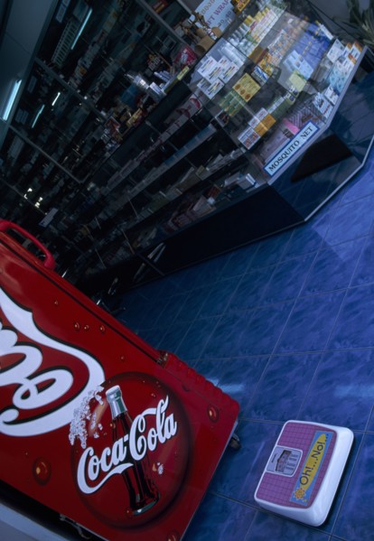 THAILAND, North, Chiang Mai, Pharmacy with Coca Cola fridge and scales on the step  with the words