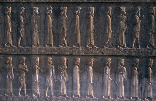 IRAN, South, Persepolis, Fifth century BC Archaemenid palace complex.  Detail of relief carving on