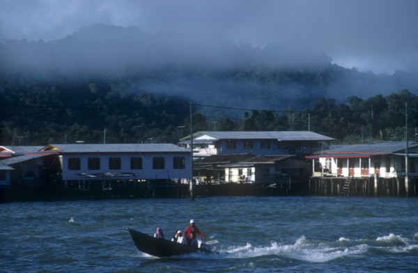 BRUNEI, Bandar Seri Begawan, Morning mist rising from the jungle behind the kampong stilt house