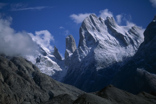 PAKISTAN, Karakoram Range, Trango Towers mountain peak and Balforo Glacier.