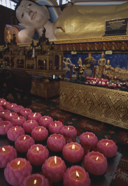 MALAYSIA, Penang, Georgetown, Wat Chayamangkalaram.  Interior.  Part view of  reclining Buddha with