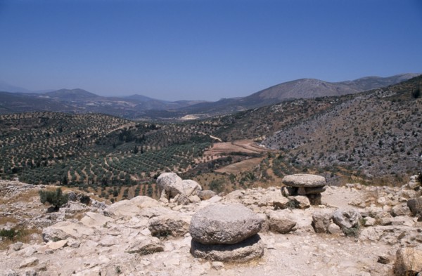 GREECE, Peloponesse, Mycenae, View over countryside from Royal Palace ruins
