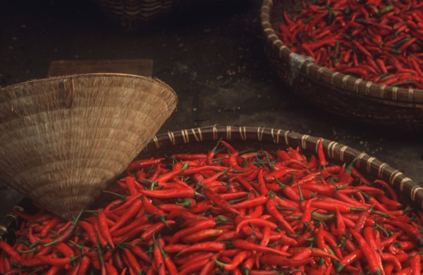 VIETNAM, Hanoi, Large shallow baskets of red chilli peppers at Hanoi market.