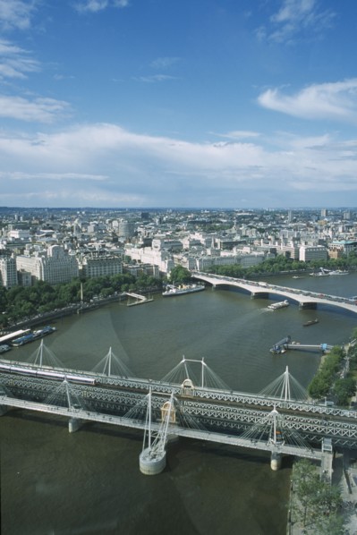 ENGLAND, London, View over the skyline and river Thames from the London Eye.