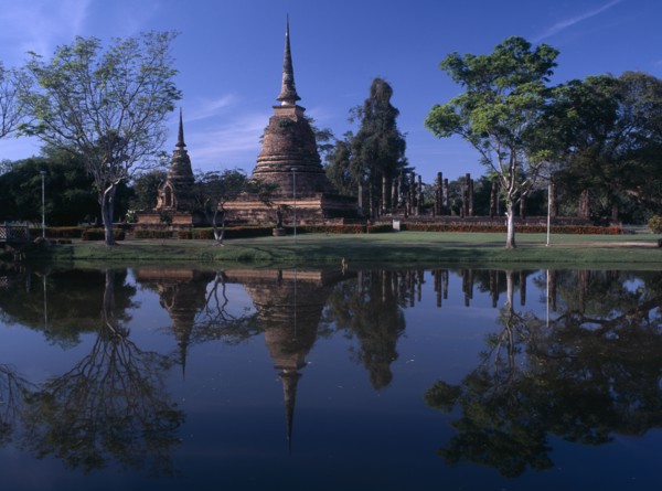 THAILAND, North, Sukhothai Province, Sukhothai Historical Park. Wat Sra Sri on island with