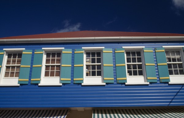 WEST INDIES, French Antilles, St Barthelemy, Gustavia.  Brightly painted town house.