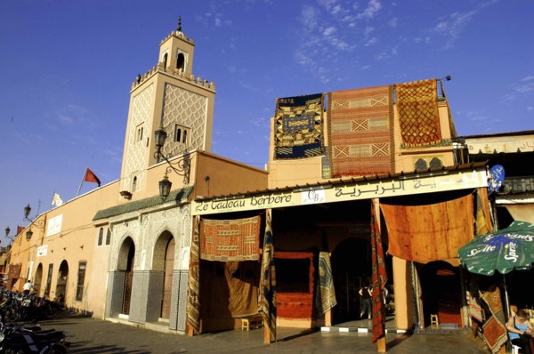MOROCCO, Marrakech, Carpet shop with rugs hanging outside