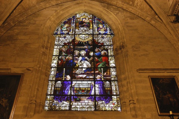 SPAIN, Andalucia, Seville, Stained glass window of Seville Cathedral