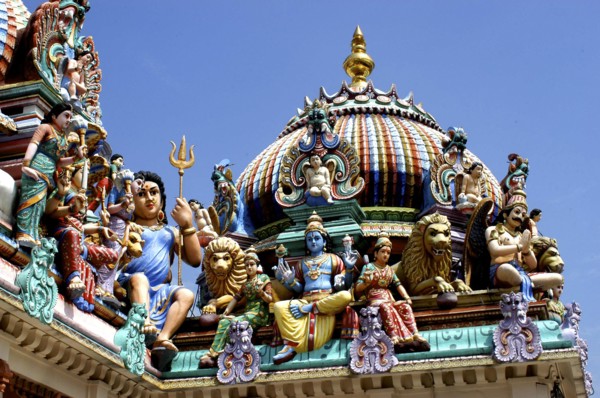 SINGAPORE, Central, Chinatown, Sri Mariamman Temple. Detail of brightly coloured Hindu carvings