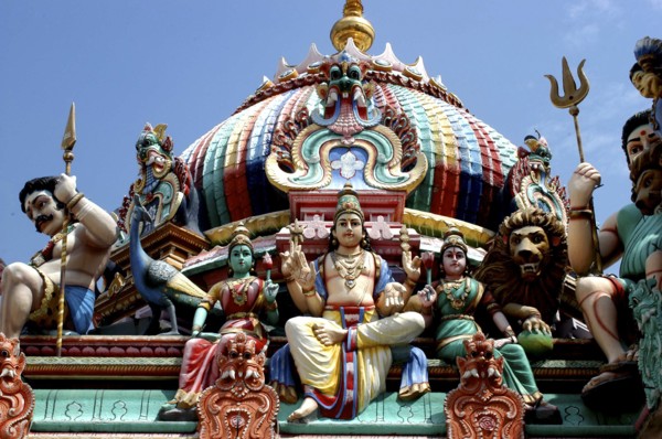 SINGAPORE, Central, Chinatown, Sri Mariamman Temple. Detail of brightly coloured Hindu carvings and