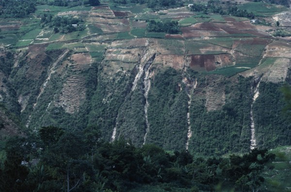 WEST INDIES, Haiti, Gully erosion through hillsides.